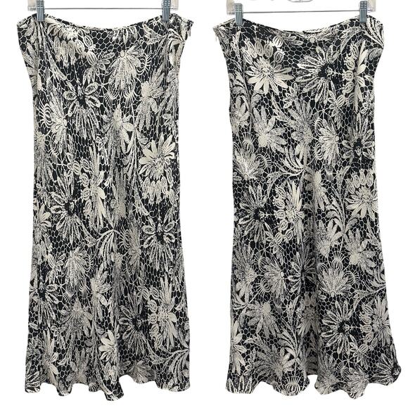 Linda Allard Ellen Tracy Vtg 1990s Ivory Black Silk Floral Bias Cut Maxi Skirt - Picture 1 of 10